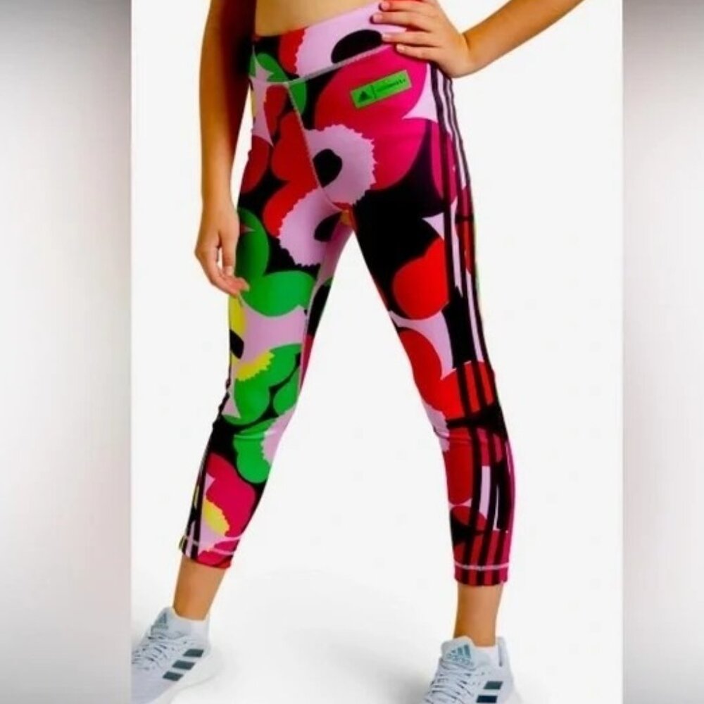 Adidas x Marimekko Leggings Girls Large 13-14Y Floral Believe This Red Pink New